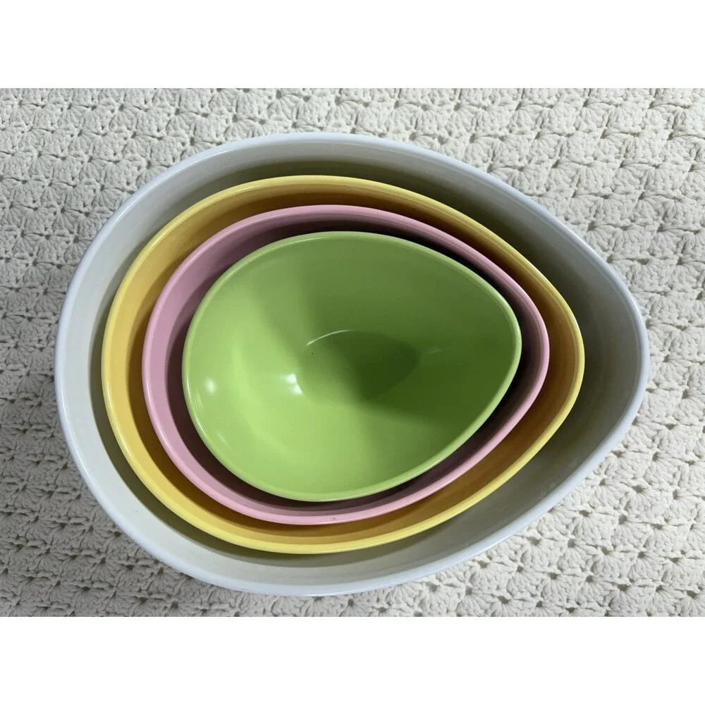 EASTER Egg Shape Nesting Bowls Melamine Pastels Floral and Solids Set Of 4 EUC